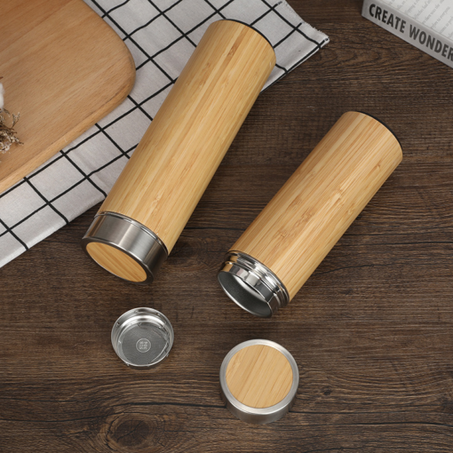 thermos in bamboo e acciaio inox con tappo utilizzabile come tazzina